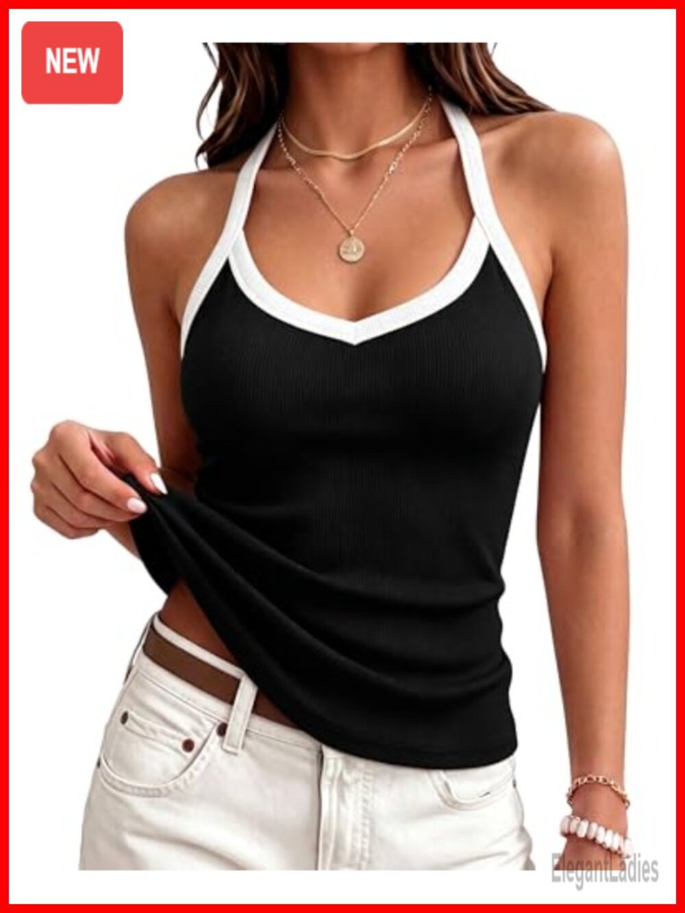 Womens Ribbed Knit Halter Tank Top Sleeveless V Neck Racerback Camisole